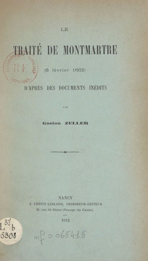 Couverture ebook de Le traité de Montmartre (6 février 1662), de Gaston Zeller
