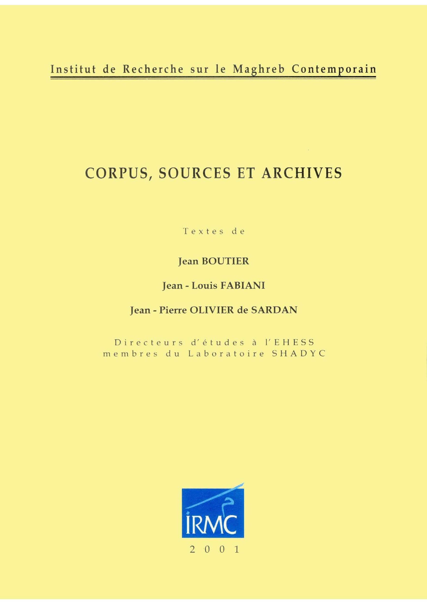 ebook cover of Corpus, sources et archives, by Jean Boutier, Jean-Louis Fabiani, Jean-pierre Olivier de sardan