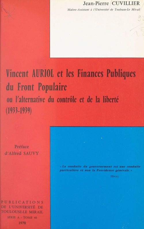 Couverture ebook de Vincent Auriol et les finances publiques du Front populaire, de Jean-Pierre Cuvillier