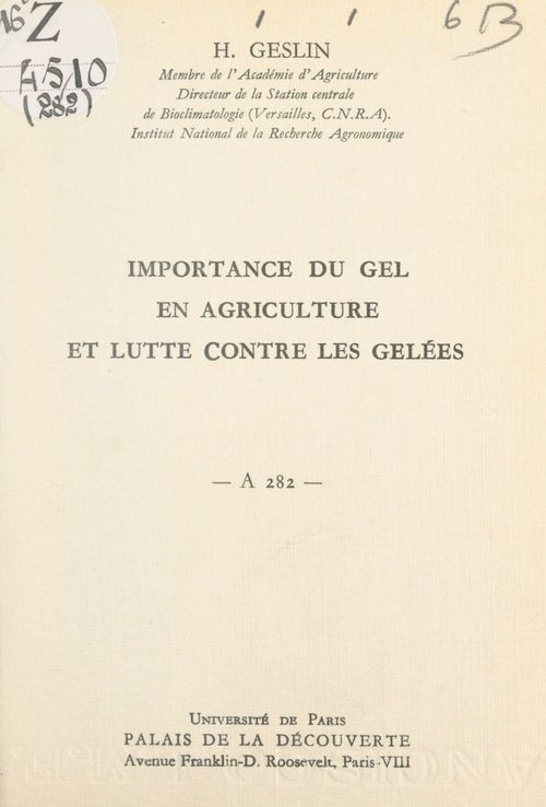 Couverture ebook de Importance du gel en agriculture et lutte contre les gelées, de Henri Geslin