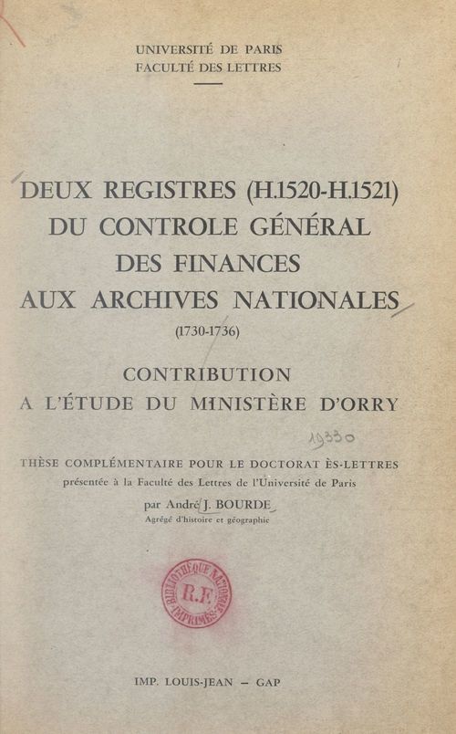 ebook cover of Deux registres (H. 1520-H. 1521) du Contrôle général des finances aux Archives nationales (1730-1736), by Andre-Jean Bourde