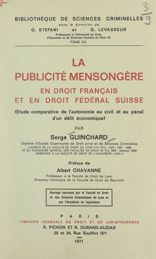 Couverture ebook de La publicité mensongère en droit français et en droit fédéral Suisse, de Serge Guinchard