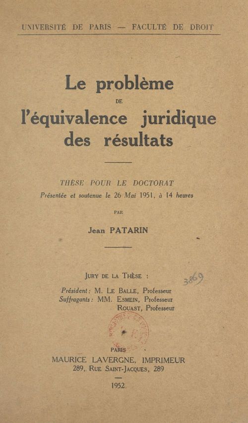 Couverture ebook de Le problème de l'équivalence juridique des résultats, de Jean Patarin