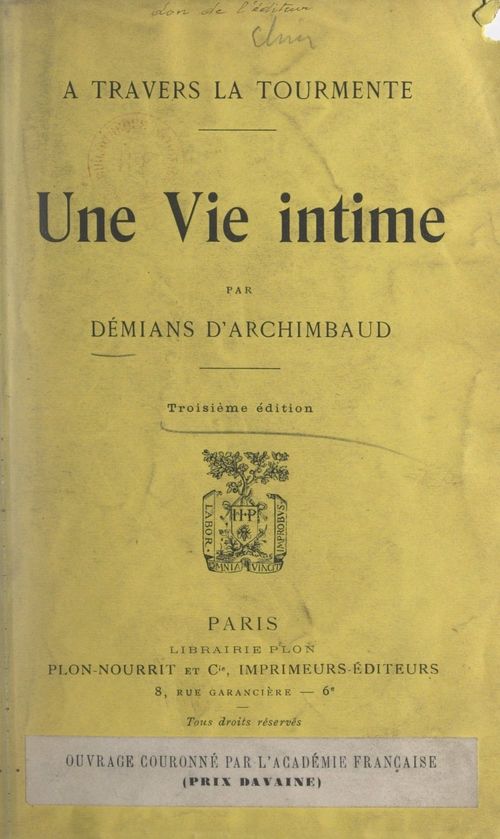 Couverture ebook de Une vie intime : à travers la tourmente, de Mathilde Demians D''Archimbaud
