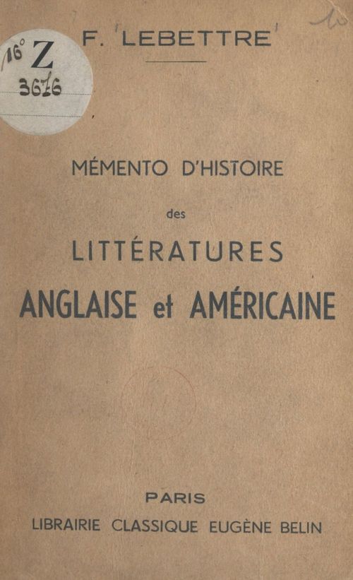 Couverture ebook de Mémento d'histoire des littératures anglaise et américaine, de Francis Lebettre