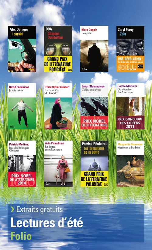 Couverture ebook de Extraits gratuits - Lectures d'été Folio, de Alix Deniger, Doa, Marc Dugain, Caryl Férey, David Foenkinos, Franz-Olivier Giesbert, Ernest Hemingway,  Martinez