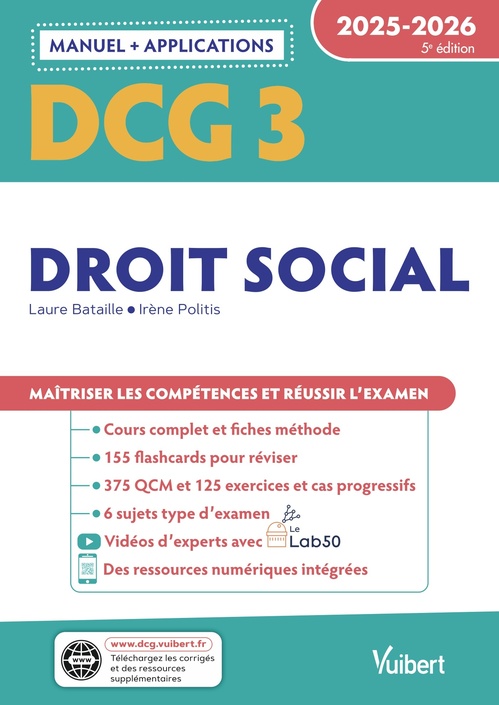 Couverture ebook de DCG 3 - Droit social : Manuel et Applications 2025-2026, de Laure Bataille, Irène Politis