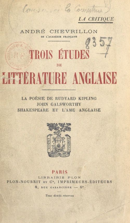 Couverture ebook de Trois études de littérature anglaise, de André Chevrillon