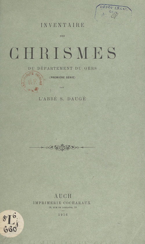 Couverture ebook de Inventaire des chrismes du département du Gers, de Sylvain Dauge