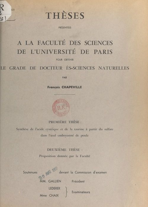 ebook cover of Synthèse de l'acide cystéique et de la taurine à partir du sulfate dans l'oeuf embryonné de poule, by Francois Chapeville