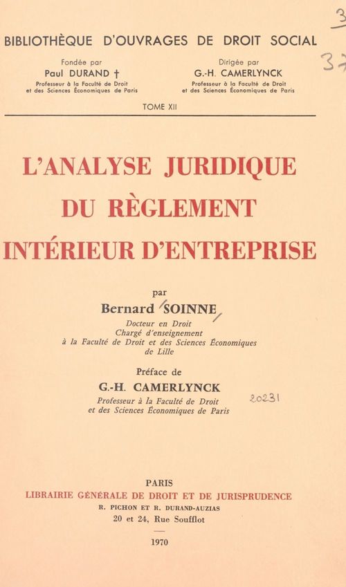 Couverture ebook de L'analyse juridique du règlement intérieur d'entreprise, de Bernard Soinne