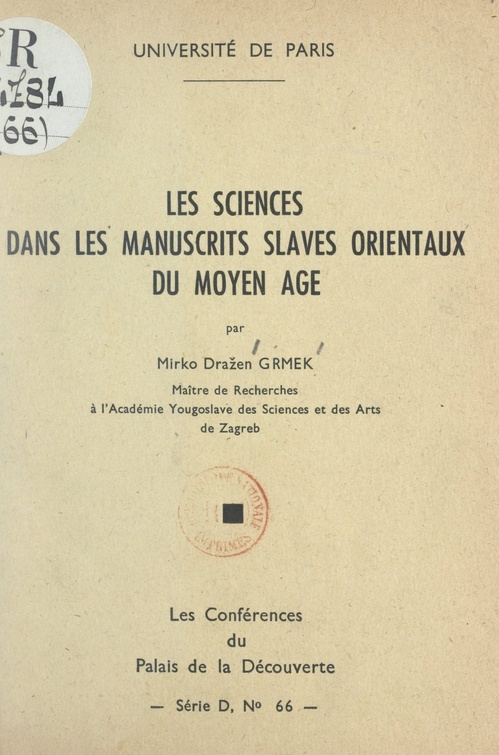Couverture ebook de Les sciences dans les manuscrits slaves orientaux du Moyen Âge, de Mirko Drazen Grmek
