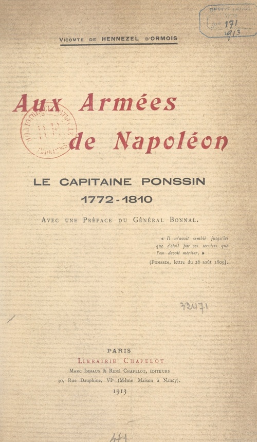 Couverture ebook de Aux armées de Napoléon : le capitaine Ponssin, 1772-1810, de Jehan Hennezel D'Ormois