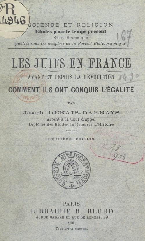 Couverture ebook de Les Juifs en France avant et depuis la Révolution, de Joseph Denais-Darnays