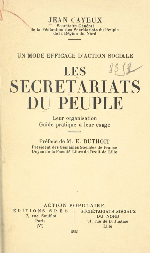 Couverture ebook de Un mode efficace d'action sociale. Les secrétariats du peuple, de Jean Cayeux