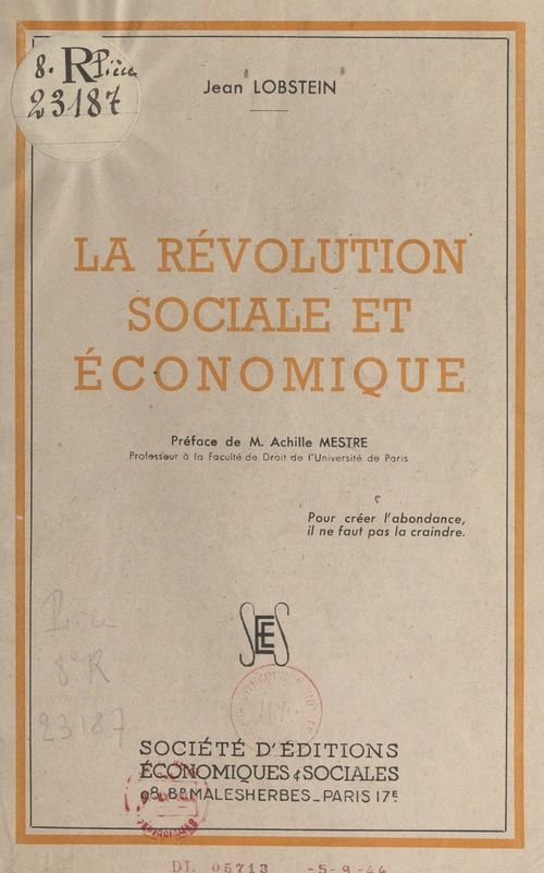 Couverture ebook de La révolution sociale et économique, de Jean Lobstein