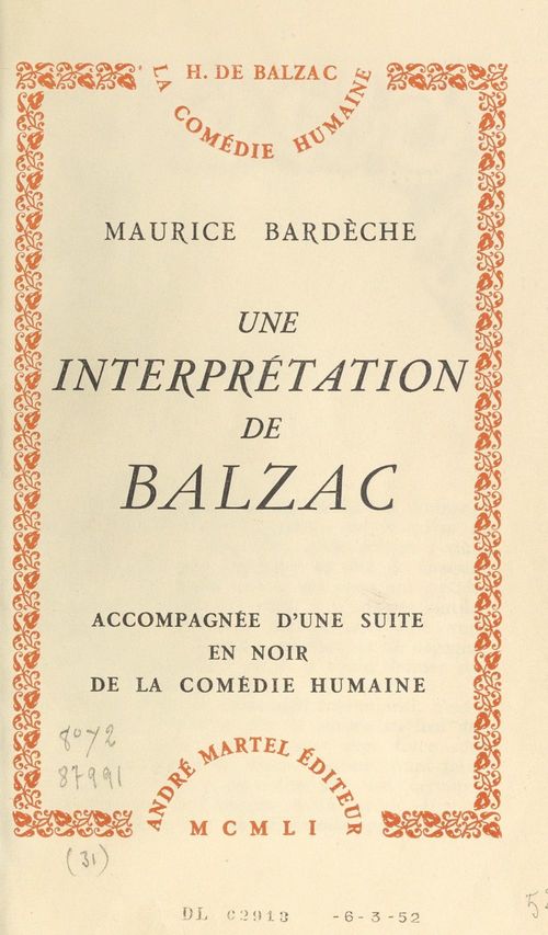 ebook cover of Une interprétation de Balzac, by Maurice Bardeche