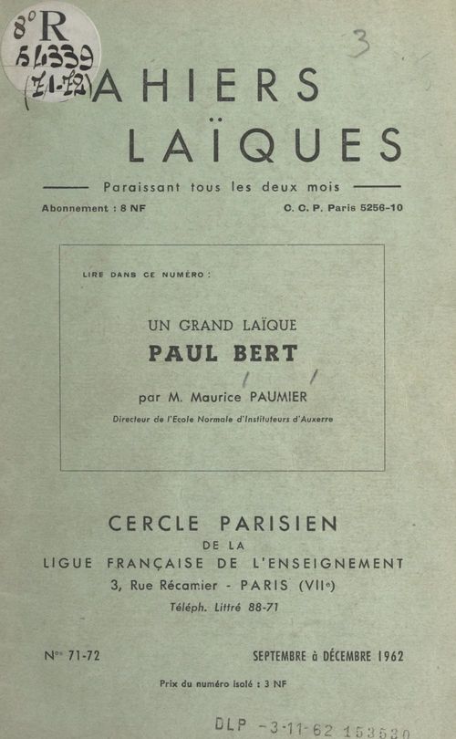 ebook cover of Un grand laïque, Paul Bert, 1833-1886, by Maurice Paumier