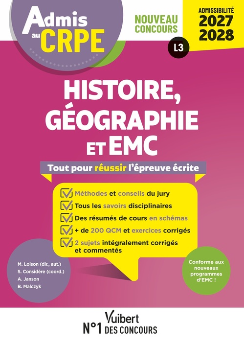 ebook cover of Admis au CRPE 2027-2028 - Histoire Géographie EMC : Epreuve écrite d´admissibilité L3, by Sylvie Considère, Bernard Malczyk, André Janson