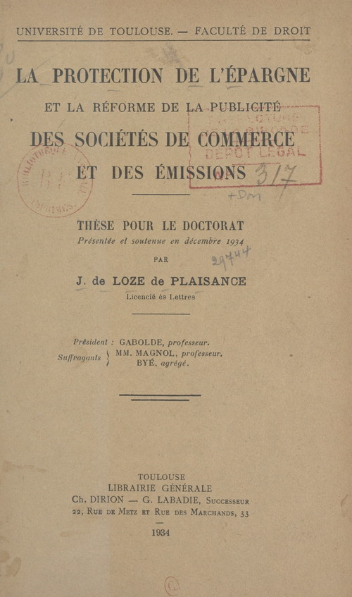 Couverture ebook de La protection de l'épargne et la réforme de la publicité des sociétés de commerce et des émissions, de J. De Loze De Plaisance