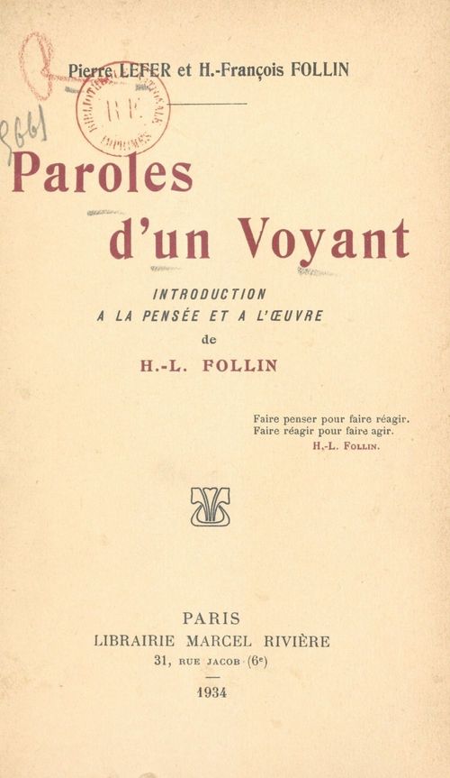 Couverture ebook de Paroles d'un voyant, de H.-Francois Follin, Pierre Lefer