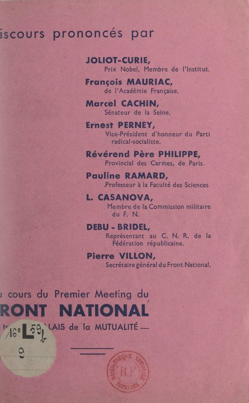 ebook cover of Le Front national de lutte pour la libération et l'indépendance de la France, expression de l'unanimité française, parle au peuple, by François Mauriac, Collectif, Ernest Perney, Frederic Joliot-Curie, Marcel Cachin
