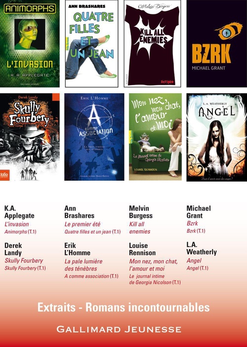 Couverture ebook de EXTRAITS - Romans incontournables Gallimard Jeunesse, de K.a. Applegate, Ann Brashares, Melvin Burgess, Michael Grant, Erik L'Homme, Derek Landy, Renniso, L. a. Weatherly
