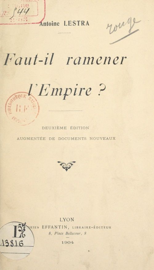 ebook cover of Faut-il ramener l'Empire ?, by Antoine Lestra