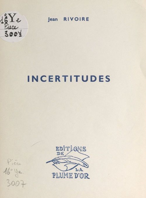 ebook cover of Incertitudes, by Jean Rivoire