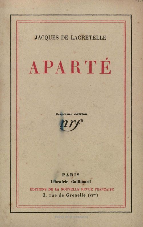 Couverture ebook de Aparté, de Lacretelle Jacques D