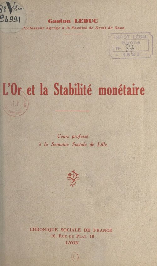 ebook cover of L'or et la stabilité monétaire, by Gaston Leduc