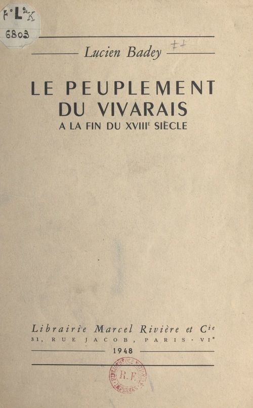 ebook cover of Le peuplement du Vivarais à la fin du XVIIIe siècle, by Lucien Badey