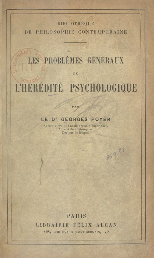 Couverture ebook de Les problèmes généraux de l'hérédité psychologique, de Georges Poyer