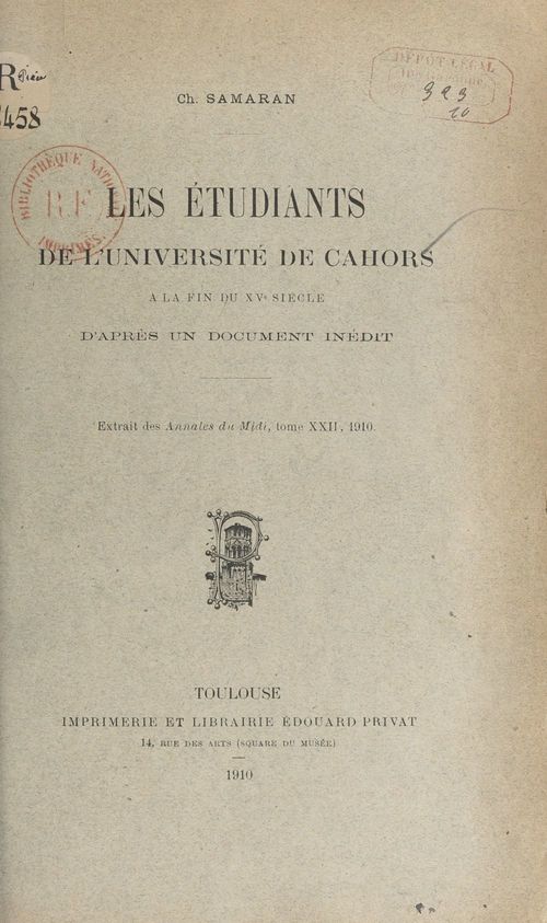 ebook cover of Les étudiants de l'Université de Cahors à la fin du XVe siècle, by Charles Samaran