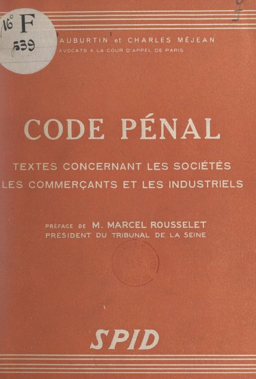 Couverture ebook de Code pénal, de Charles Mejean, Jean Auburtin