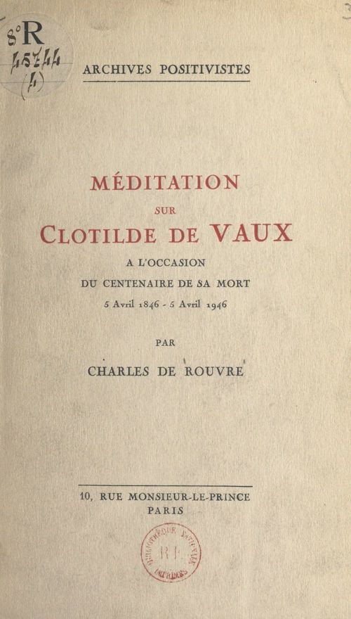 Couverture ebook de Méditation sur Clotilde de Vaux, de Charles De Rouvre