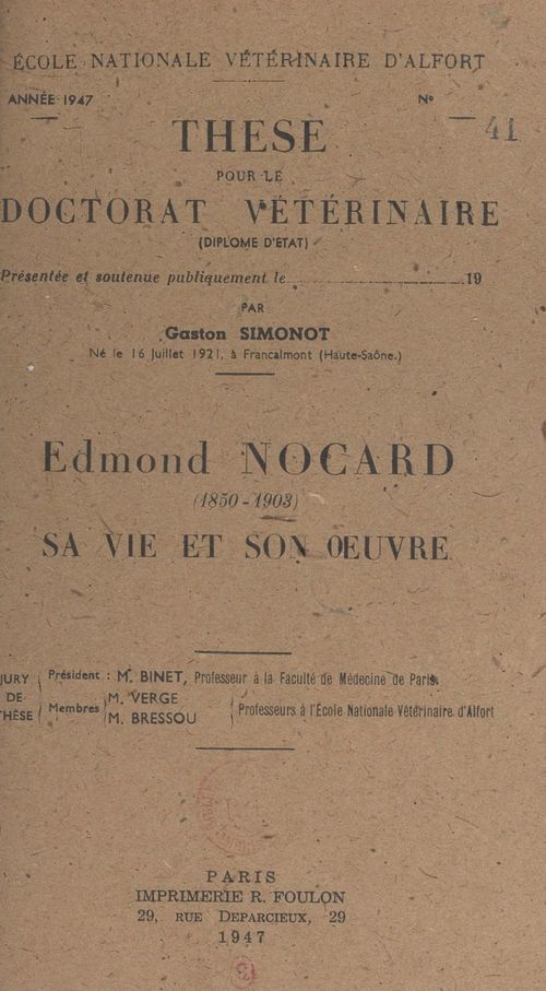 ebook cover of Edmond Nocard, 1850-1903, by Gaston Simonot