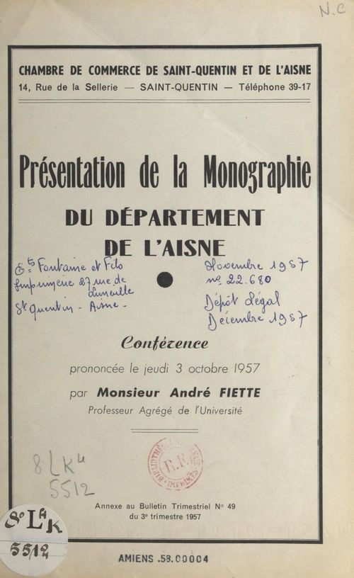 Couverture ebook de Présentation de la monographie du département de l'Aisne, de Andre Fiette