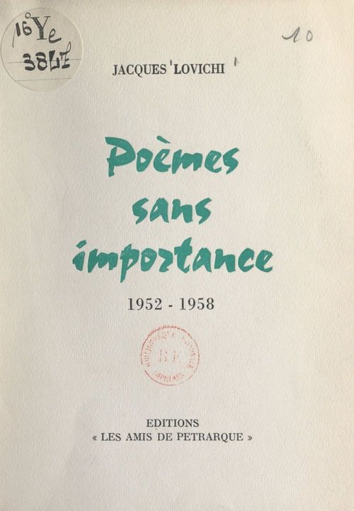 ebook cover of Poèmes sans importance, 1952-1958, by Jacques Lovichi