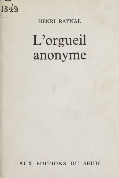 Couverture ebook de L'orgueil anonyme, de Henri Raynal