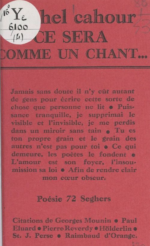 Couverture ebook de Ce sera comme un chant..., de Michel Cahour