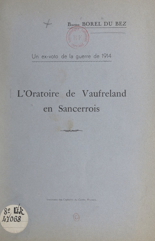 Couverture ebook de L'oratoire de Vaufreland en Sancerrois, de Lucien Borel Du Bez