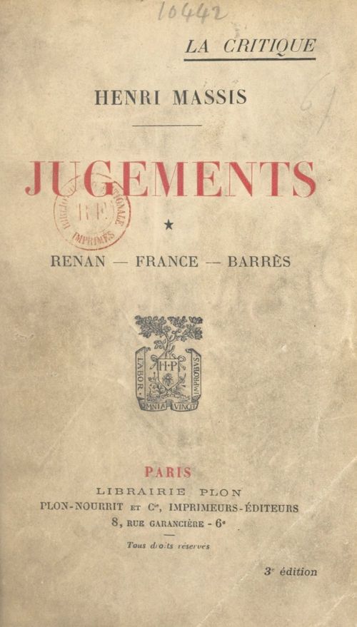 ebook cover of Jugements (1). Renan, France, Barrès, by Henri Massis