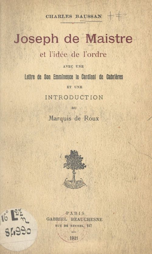 ebook cover of Joseph de Maistre et l'idée de l'ordre, by Charles Baussan