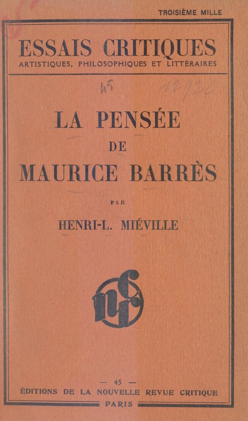 Couverture ebook de La pensée de Maurice Barrès, de Henri-Louis Mieville