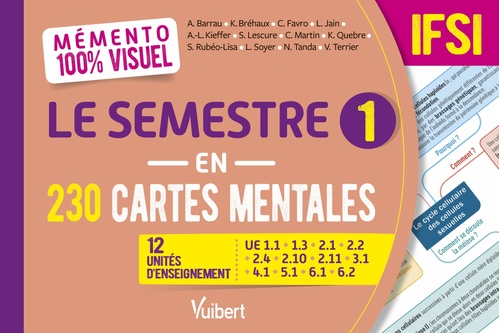 Couverture ebook de Mémento 100% visuel Le semestre 1 en 230 cartes mentales IFSI, de Anne Barrau, Karine Bréhaux, Cédric Favro, Anne-Laure Kieffer, Sandrine Lescure, Carine Martin, Karine Quebre, Sophie Ru