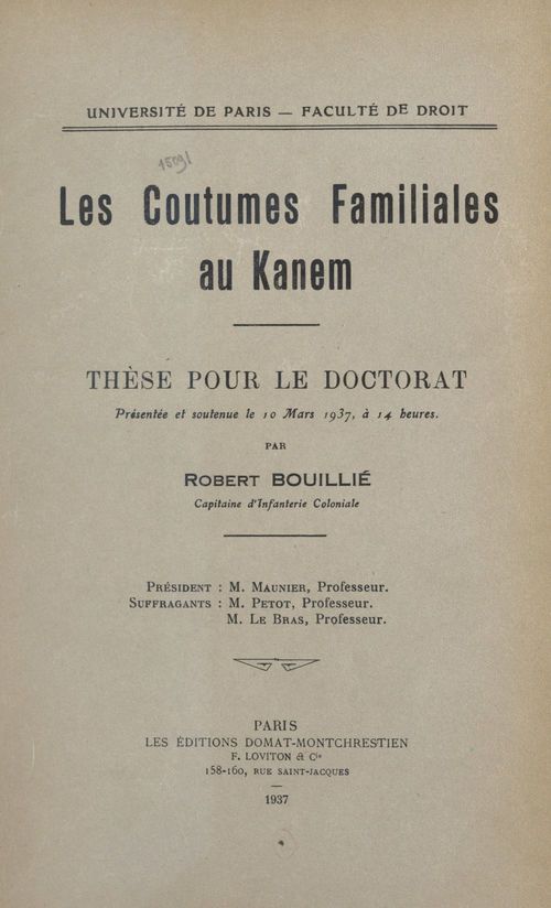 Couverture ebook de Les coutumes familiales au Kanem, de Robert Bouillie