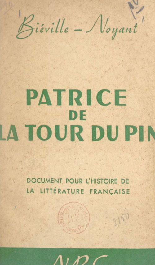 Couverture ebook de Patrice de la Tour du Pin, de Bieville-Noyant
