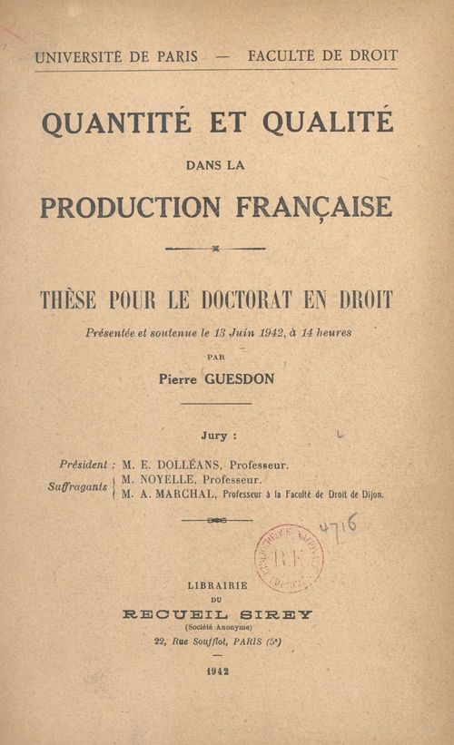 Couverture ebook de Quantité et qualité dans la production française, de Pierre Guesdon