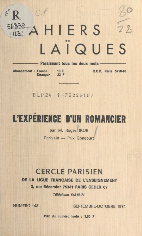 Couverture ebook de L'expérience d'un romancier, de Roger Ikor